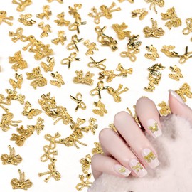 SILPECWEE 50pcs 3D Gold Bow Butterfly Nail Charms 3D Butterfly Charms for Nails Alloy Nail Charm Hollow Nail Studs Rivet Nail Jewels Nail Art Decoration for Craft Nail Supplies