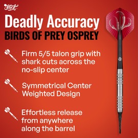 Shot! Darts Soft Tip, Birds of Prey Osprey (18g), 90% Tungsten Barrel, Center weighted, Handcrafted Professional Dart Set & Flights Made in New Zealand, Plastic Tip for Electronic Dartboard