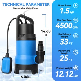 Goseoil 1.5HP Handy Utility Pump Submersible Water Pump 4500GPH High Flow to Remove Clean/Dirty Water for Swimming Pool Pond Hot Tub Flooded House Rain Barrel with 25ft Long Power Cord