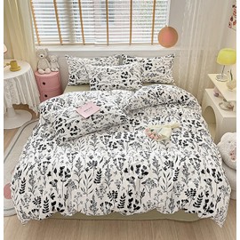 KAREVER Black Botanical Comforter Set Queen White Black Floral Plant Bedding Comforter Set Women Soft Blanket Rustic Leaf Blossom