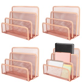TUSAUW 4 Pcs Desk Mail Organizer, Desktop Letter Holder, Metal File Holder with 3-Slot, Desktop File Organizer Metal Mesh with 3 Vertical Upright Compartmentsfor Home or Office Desktop (Rose Gold)