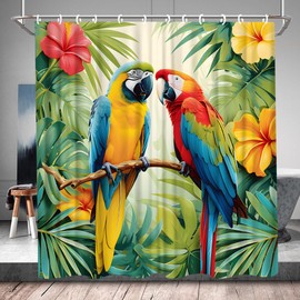 QWRSMYX Parrot Shower Curtain Beautiful Birds Spring Tropical Green Palm Leaves Floral Flower Summer Watercolor Plant Bathroom Decor Set with Hooks 70Wx70H Inch