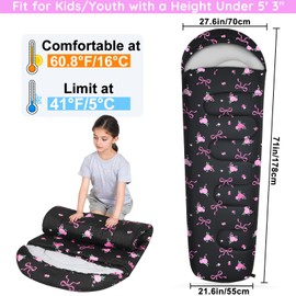 FIOBEE Kids Sleeping Bag for Girls Boys 3 Season Warm & Cool Weather 41℉ - 60.8℉ Camping Sleeping Bags with Backpacking Bag for Traveling Hiking Indoor Outdoor Camping Essentials Gear, Black Bow