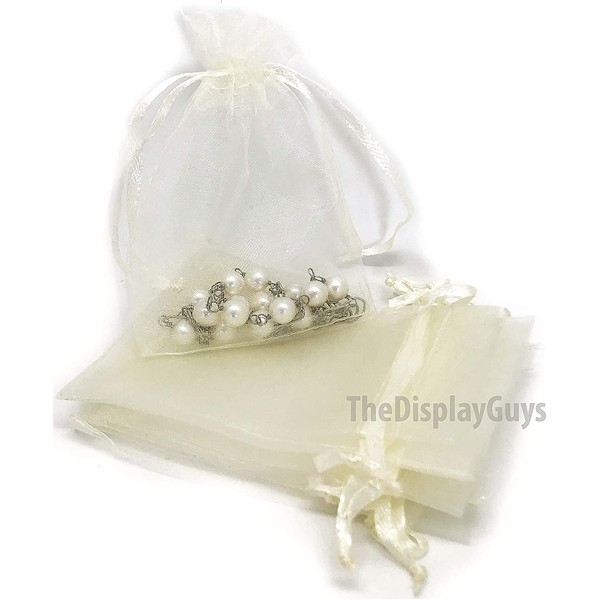 TheDisplayGuys 48-Pack 3x4 Cream/Beige Sheer Organza Gift Bags with Drawstring, Jewelry Candy Treat Wedding Party Favors Mesh Pouch