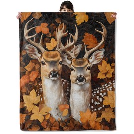onlcuk Autumn Deer Blanket, Cozy Flannel Majestic Animal and Fall Leaf Blankets, All Season Soft Throw for Travel Home Decor, Lightweight Bed Throws, Thanksgiving Day Gifts for Adults Kids, 50"×60"