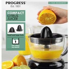 Progress EK5881 Compact Citrus Juicer - 700ml BPA Free Jug With Measurements, Includes Small & Large Juicing Cones, Multidirectional Rotation For More Juice, Built-In Easy Pour Spout, Detachable Base