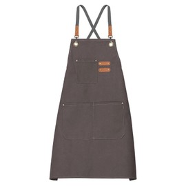 HARFINGTON Canvas Chef Aprons 75x69cm Adjustable Strap Cross Back Kitchen Cooking Apron with 3 Pockets for Men Women Chef, Grey