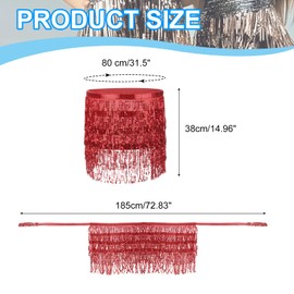 PATIKIL Women's Sequin Tassel Skirts 73x15 Inch, Rave Fringe Sparkle Skirt Belly Dance Hip Scarf for Women Festival Party Costume Performance, Red