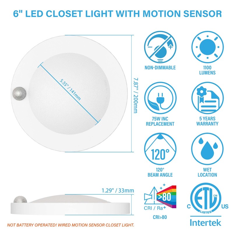 ZAGO LED 6" 120 Volts Closet Light Wired, PIR Motion