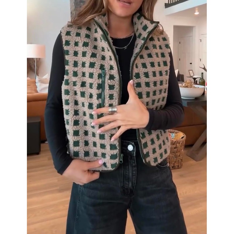 VALOZENC Womens Sleeveless Checkered Sherpa Vest with Pocket Zip Up