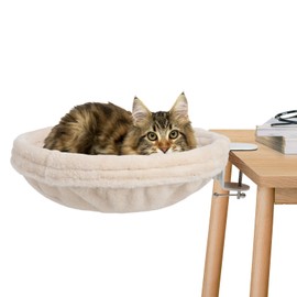 Large Cat Desk Bed-Supports Up to 50lbs, Soft Faux Fur Fabric, Adjustable Steel Frame,Sunken Hammock,Removable Soft Fluffy Cover（Cream）