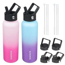 BJPKPK 2 Pack Insulated Water Bottles with Straw Lids, 40oz Stainless Steel Metal Water Bottle with 6 Lids, Leak Proof BPA Free Thermos, Cups, Flasks for Travel, Sports (Cherry+Ocean Dream)
