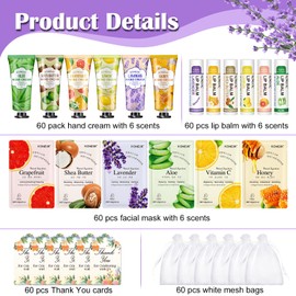 60 Pack Bulk Lip Balm, Facial Mask and Hand Cream Sets, Easter Basket Stuffers, Bridal Shower Favors, Mothers Day Gifts and Teacher Appreciation Gifts for Guests, Bulk Thank You Gifts for Women