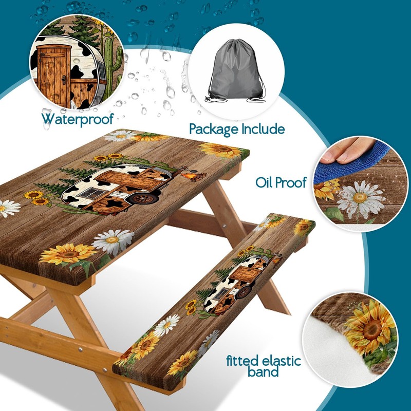 Picnic Table Cover with Bench Covers, Sunflower Wood RV Essentials