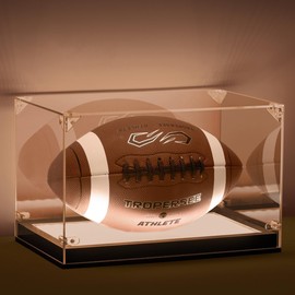 Football Display Case with LED Light, Thickened UV Protection Clear Acrylic Lid Football Holder for Full Size, Wooden Base Stand Cases for Autographed Ball and Memorial Gift