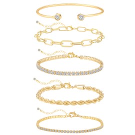 Gold Tennis Bracelets for Women, Dainty 14K Gold Plated Bracelet Stack Paperclip Bangle Rope Bracelet, Trendy Stackable Bracelets, Fashion Jewelry Pack for Women