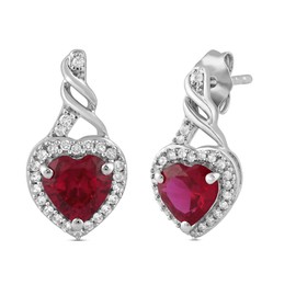 Jewelili Sterling Silver 6 MM Heart Created Ruby and Round Created White Sapphire Twisted Dangle Earrings