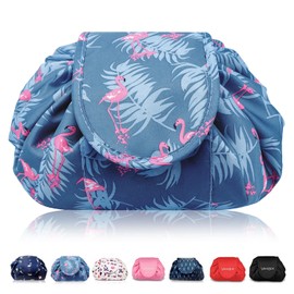 Lazy Drawstring Make up Bag Portable Large Travel Cosmetic Bag Pouch Travel Makeup Pouch Storage Organiser for Women Girl (Flamingo)