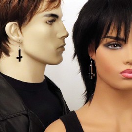 Inverted Black Cross Hand Painted Enamel on Silver Finish Pewter Earrings