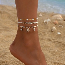 cotwdi Ankle Bracelets for Women Waterproof Elastic Pearl Beaded Anklets Beach Jewelry for Women Seashell Starfish Conch Shell Anklet Bracelet Summer Hawaiian Foot Jewelry (Style7)