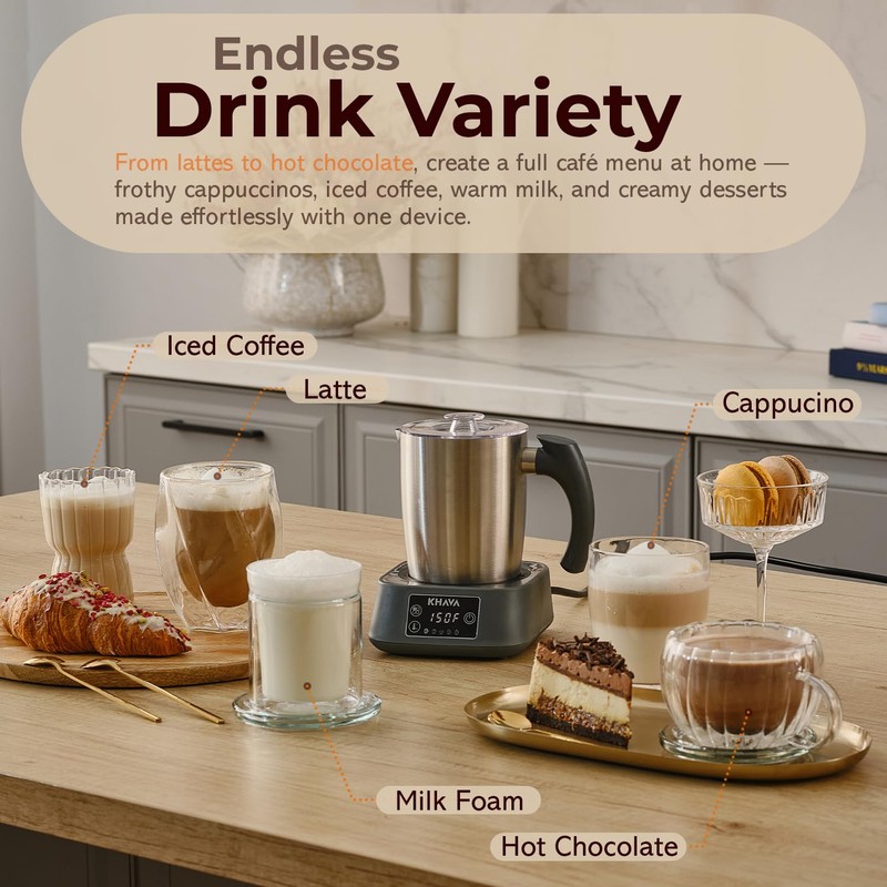KHAVA 5-in-1 Electric Milk Frother and Steamer, Hot Cold Foam