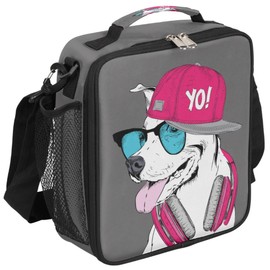 FengQuGou Grey Pink Dog Insulated Lunch Bag for Girls Boys Teen Funny Dog Reusable Lunch Box with Shoulder Strap Freezable Thermal Cooler Bag Meal Prep Boxs for School Travel Picnic Beach Lunch Pail