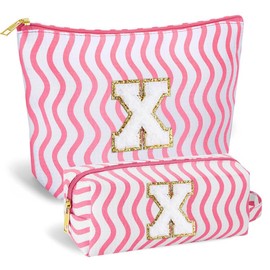 SEFORICO Initial Makeup Bag- Cosmetic Bag Cute Teen Girl Gifts Make Up Case Large Capacity Makeup Bag Travel Bag Gift for Women Valentines Day Bridesmaid Friend Birthday Gifts(Pink X)