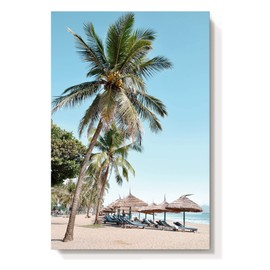 cozy country Beach Coastal Canvas Wall Art: 48" x 32" Seascape Painted Seaside Palm Tree Artwork Beach Coconut Trees Picture Coastal Umbrellas & Chairs Painting Decor for Living Room