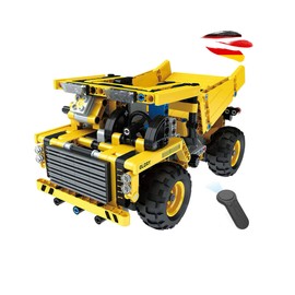 RC Remote Controlled Dump Truck Made of CaDA Building Block Set, Construction Site Vehicle from Plug-In Kit, Dump Truck DIY Model Kit Made of Clamping Blocks, Truck Tipper Technology Kit for Children