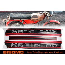 BISOMO Tank Sticker Kreidler Lettering in Black/Red, Complete Sheet with 3 Stickers, Left, Right, Top, Length 410 mm