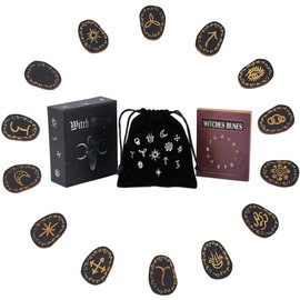 DICOSMETIC 1 Set Wooden Runes Bulk Wood Witch Rune Viking Rune Stone Black Handcrafted Runes with Storage Pouch and Guide Book for Beginners Divination and Meditation