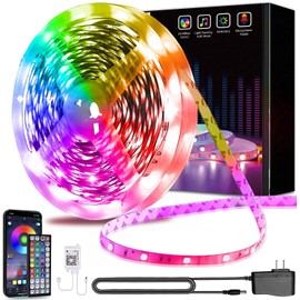 50ft Led Lights for Bedroom, Bluetooth Smart APP Control 5050 RGB Color Changing Led Strip Lights with Remote Control and Power Adapter Led Lights for Room Kitchen Party Home Decoration