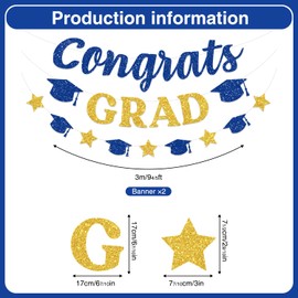 Blue and Gold Graduation Decorations 2025, Graduation Decorations Class of 2025 Blue and Gold includes Glitter Congrats Grad Banner Garland, class of 2025 Hanging Swirls