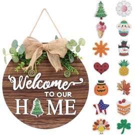 Wooden Seasonal Holiday Welcome Sign for Front Door Decor -14 Holiday Interchangeable Icons- Rustic Wall Hanging Porch Decorations For Farmhouse Outdoor, Independence Day,Housewarming Gifts