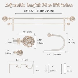 Ycolnaefllr 1 Inch Diameter Double Curtain Rod Set for Windows Double Window Treatment Curtain Rod Heavy Duty Adjustable from 84 to 120 Inch, Resin Finials with Curtain Holdbacks,Weathered White