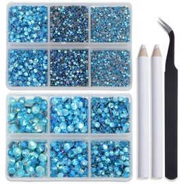 Bymitel Hotfix Crystal Rhinestones Round Gems for Crafts,Mixed 6 Sizes with Wax Pencil Kit, Aquamarine AB 1.6-6.3mm SS4-SS30/8000pcs