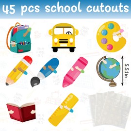 45 PCS Back to School Cut-Outs Decoration, Book Pencil Bus Bulletin Board Decor First Day of School Paper Cut Outs Wall Decal Bulletin with Glue Points for Classroom Chalkboard Craft Supplies