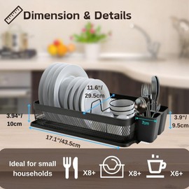 IBERG Dish Drying Rack - Dish Drainer with Utensil Holder and Drainboard, Ideal for Modern Small Households (Black)