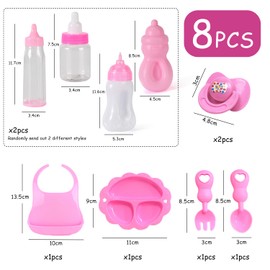PFLYPF 8 Pieces Baby Doll Feeding Set, Equipped with 2 Suction Bottles, 2 Pacifiers, Bibs, Plates, Spoons, Forks, Doll Accessories Set for Boys and Girls