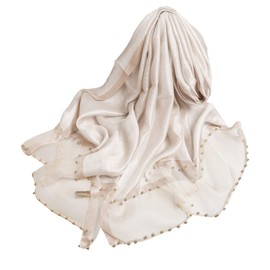 LumiSyne Spring Silk Chiffon Scarf Women's Plain Neckerchiefs Fashion Silk with Tulle Beads Decoration Long Silk Scarf Sun Protection Scarves Stole, beige