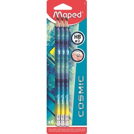 Maped - Graphite Pencils HB #2 Black'Peps Tattoo Cosmic Teens - Wooden Pencils with Eraser - Ergonomic Shape - 6 Pencils Random Colour