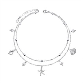 HOOHWE Fußkettchen für Damen Silber 925 Verstellbar Seesterne und Muscheln Fußkette Mehrlagig Perlen Fussketten für Frauen Strand Schmuck