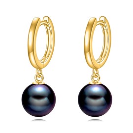 925 Sterling Silver Black Pearl Hoop Earrings Dangle Drop Jewelry Gifts for Women (Black Pearl-Gold)