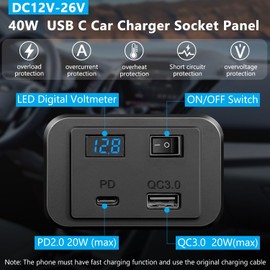 Hoembpn 12V USB C Steckdose Auto Ladegerät Ladebuchse mit LED Voltmeter und Schalter 40W PD Type C und QC3.0 USB Schnellladung Steckdose Panel für 12V/24V KFZ Wohnmobil Motorrad LKW Marine