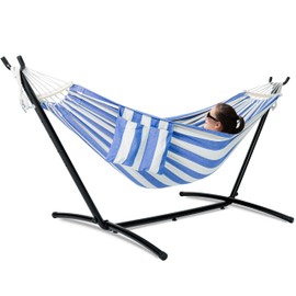 gafete Double Hammock with Stand for Outside, Upgraded Spreader Bar, Heavy Duty Space Saving Steel Stand 2 Person, Convenient Pockets, 600lbs Weight Capacity, Indoor & Outdoor (Blue & White)
