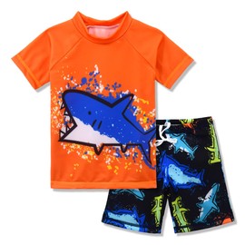 CARMEISON Kids Short Sleeve Sunsuit Swimwear Boys Two Piece Rash-Guard-Sets Dinosaur Pattern, Orange, 10-11 Years