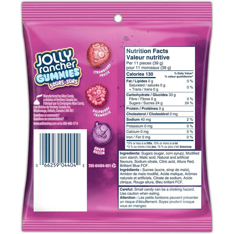 Hershey Canada Inc. Jolly Rancher Gummies Sours, Berries Flavors, 182g/6.4
