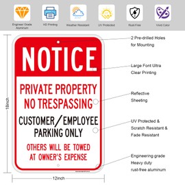 2PC Notice-Private Property No Trespassing Customer/Employee Parking Only Sign, 12"x18"Customer Parking Only Sign for Business, Engineer Grade Reflective Aluminum, Fade Resistant, UV Protected