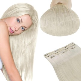 RUNATURE White Blonde Clip in Extensions Human Hair Blonde Clip on Hair Extensions Human Hair 16 Inch 50 Gram Ice Blonde Clip Hair Extensions Human Hair 3pcs