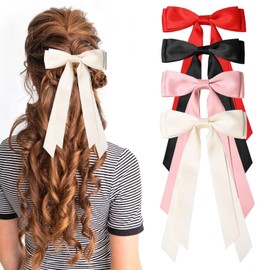 dinghaole 4 Pcs Silky Satin Hair Bows, Bow Hair Clips, Long Silky Satin Hair Ribbons Bow Hair Clips, Silky Satin Hair Bows Hair Clip Ribbon Ponytail Holder Accessories, Hair Bows for Girls Women